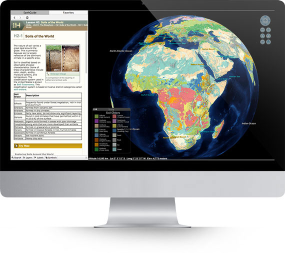 Apple iMac running Layered Earth Physical Geography software showing global soil regions simulation