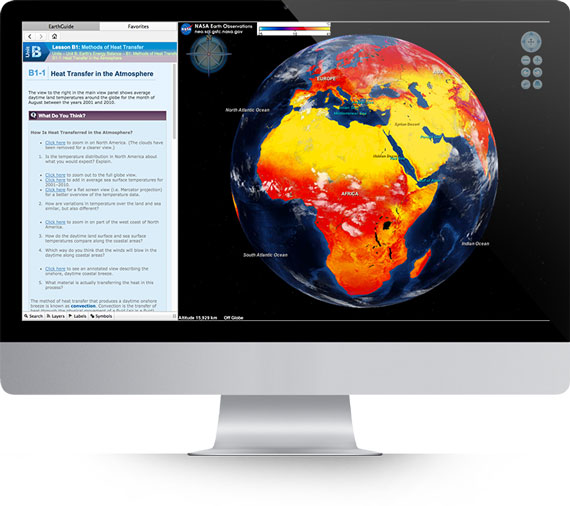 Apple iMac running Layered Earth Meteorology software showing heat transfer in the atmosphere simulation