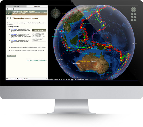 Apple iMac running Layered Earth Geology Middle School/High School software showing historic earthquake activity simulation