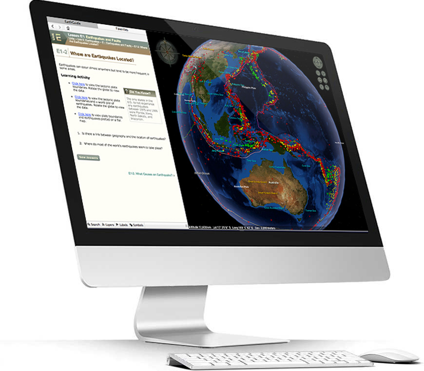 Apple iMac running Layered Earth Geology Middle School/High School software showing historic earthquake activity simulation