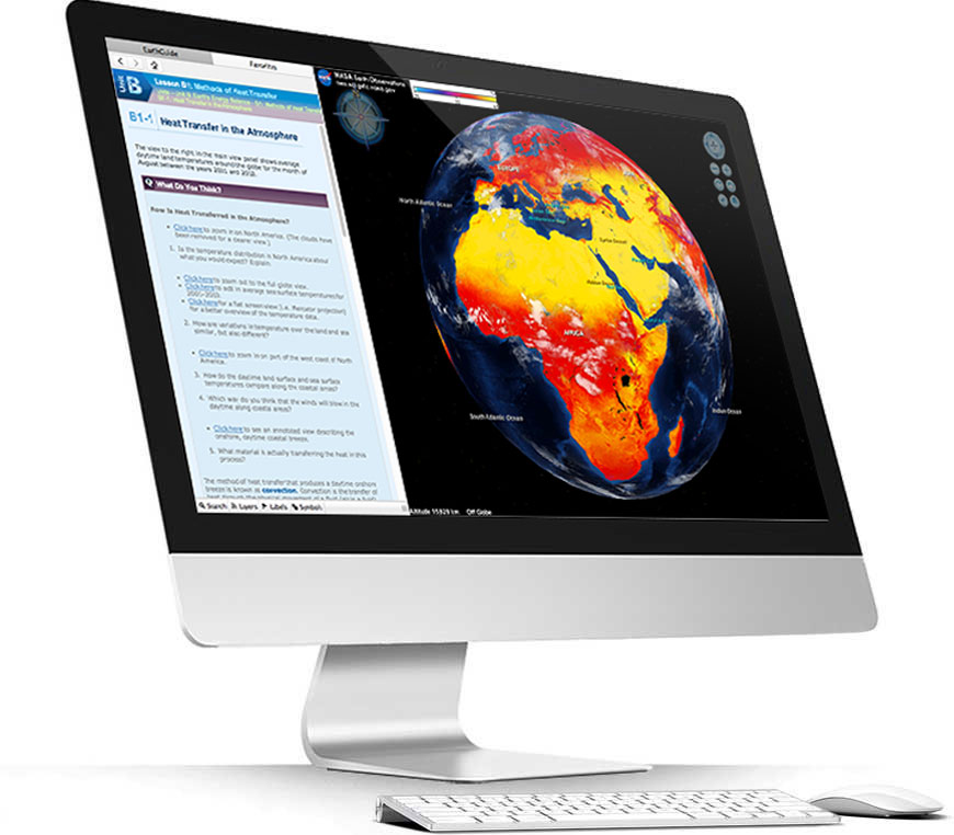 Apple iMac running Layered Earth Meteorology software showing heat transfer in the atmosphere simulation