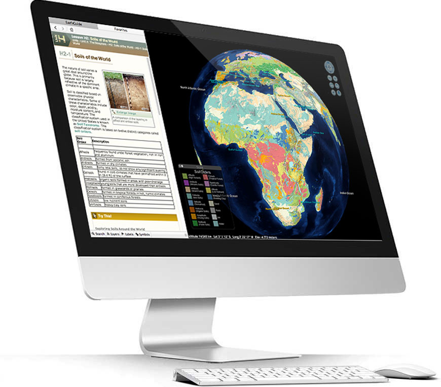 Apple iMac running Layered Earth Physical Geography software showing global soil regions simulation